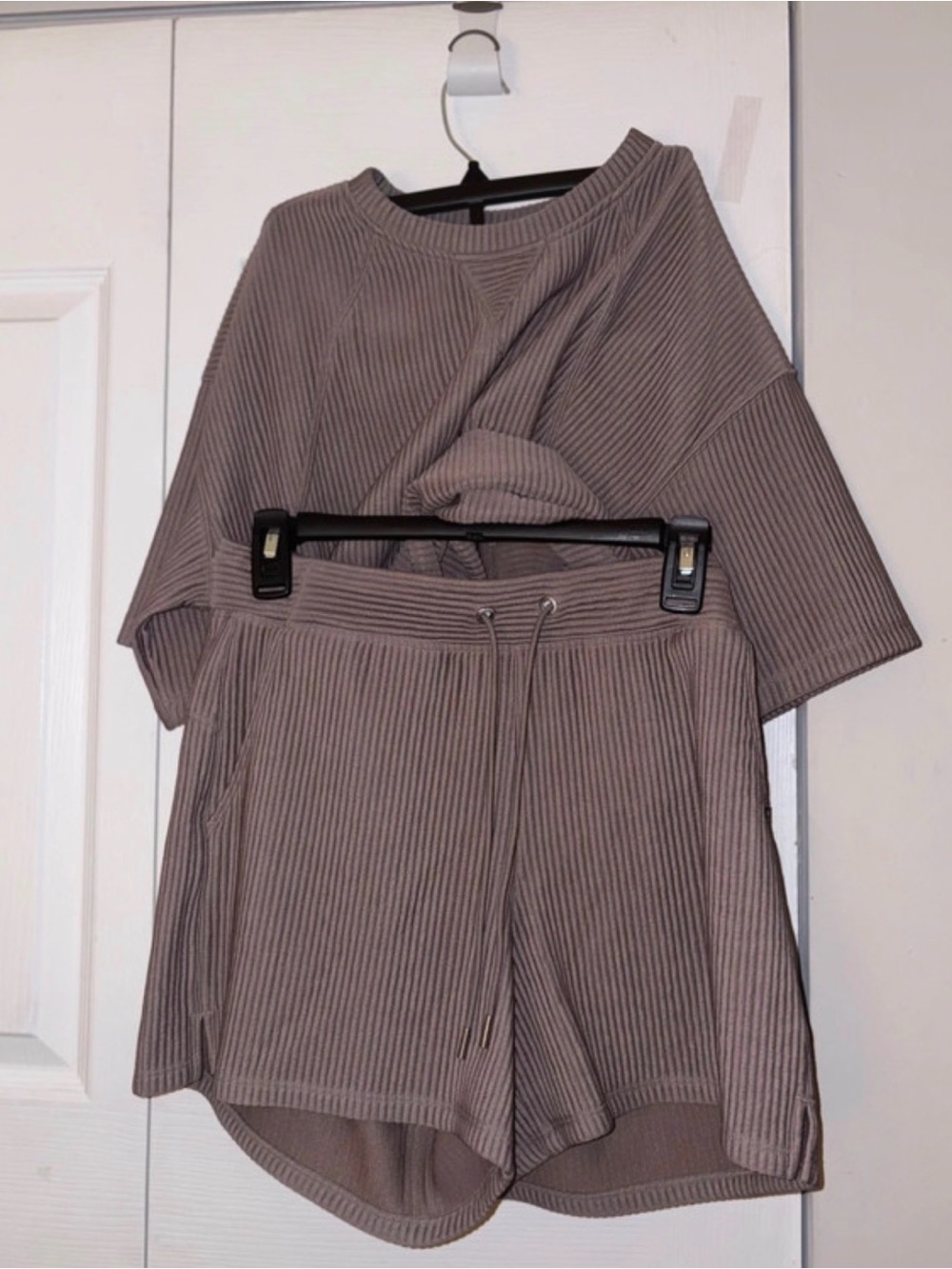 DKNY Ribbed Track Shorts & Top Set in Taupe